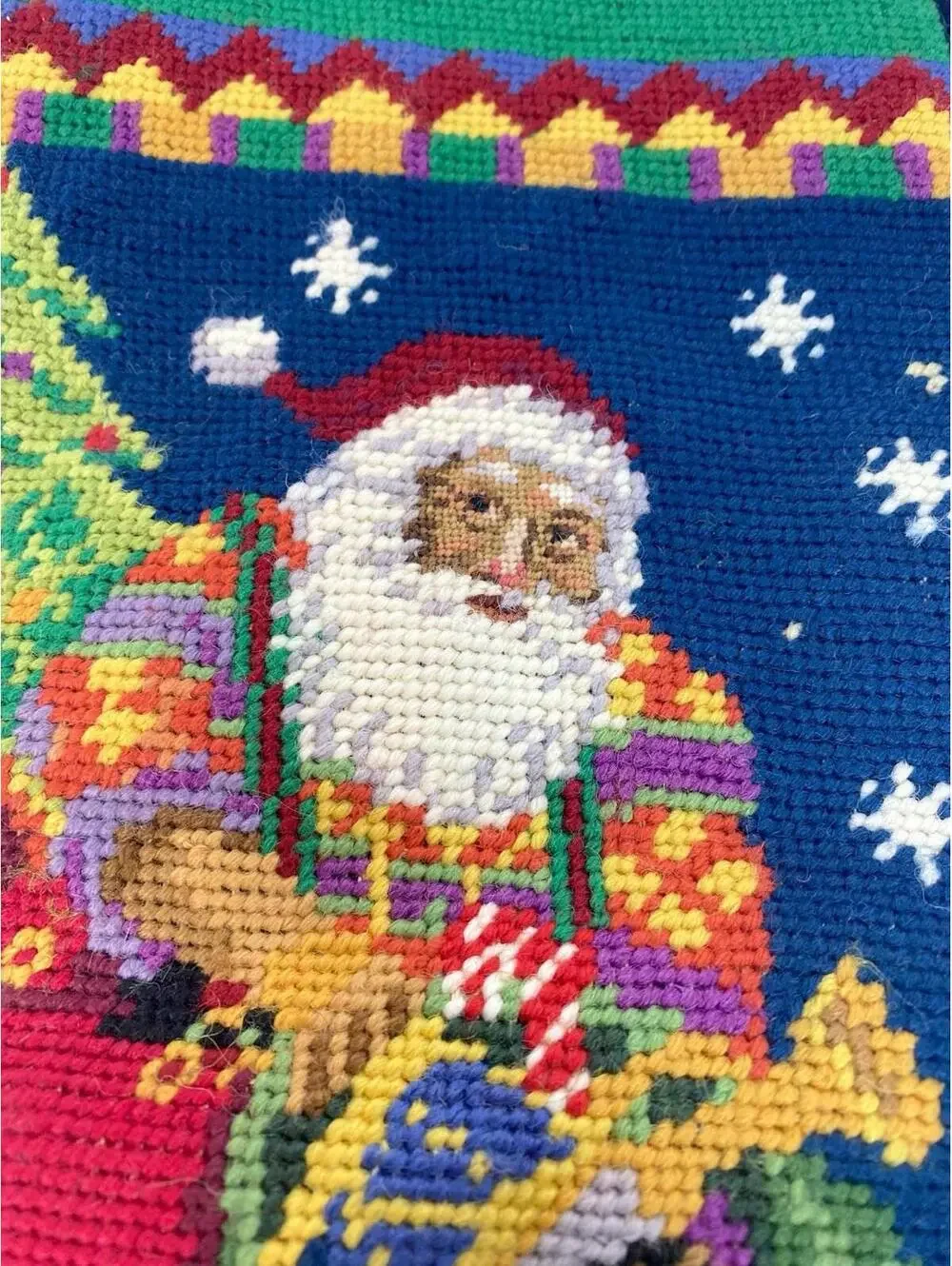 Needlepoint Vintage Santa Sleigh Tree  Christmas Stocking  Navy Velvet